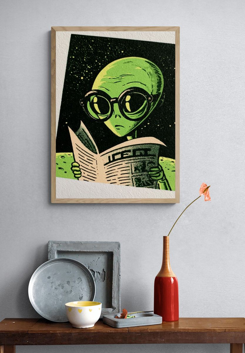 Reading Alien Illustration Poster. — room view 3