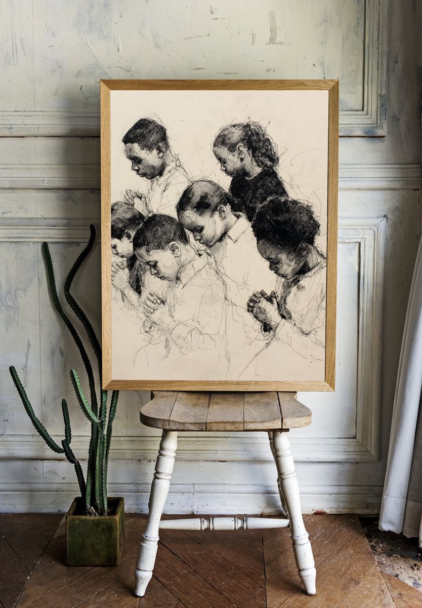 Praying Children Ink Sketch Poster. — room view 1