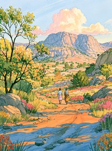 Sunlit Mountain Valley Illustration Poster. poster detail