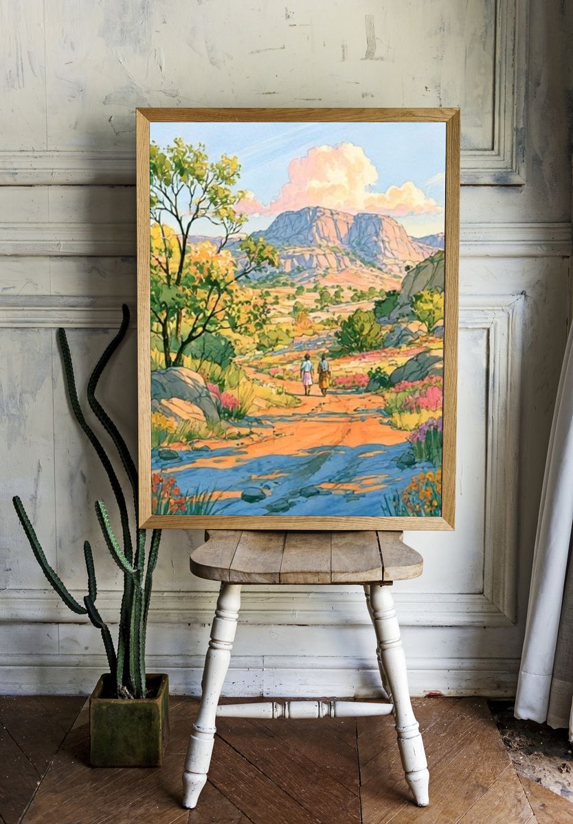 Sunlit Mountain Valley Illustration Poster. — room view 1