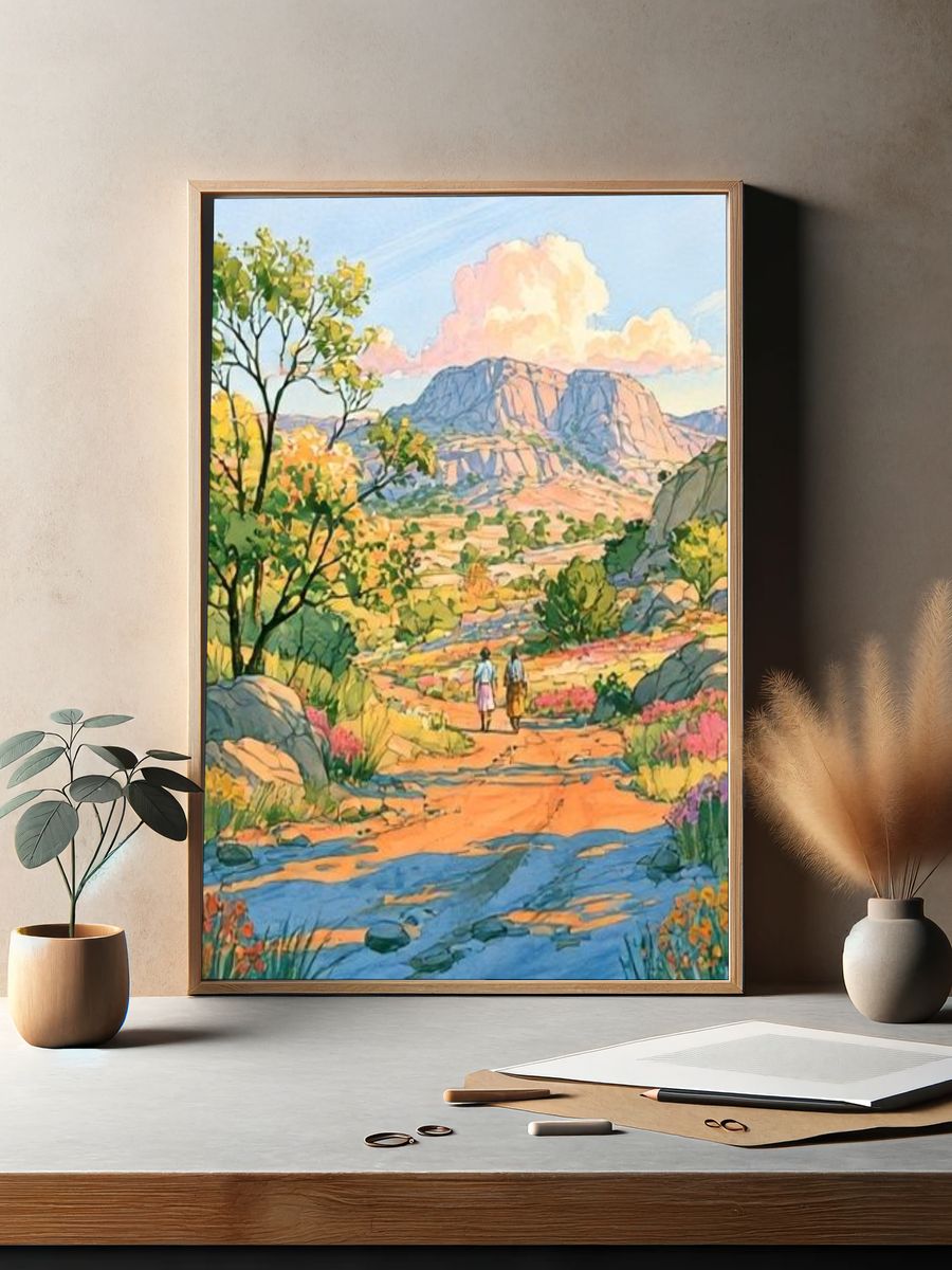 Sunlit Mountain Valley Illustration Poster. — room view 2