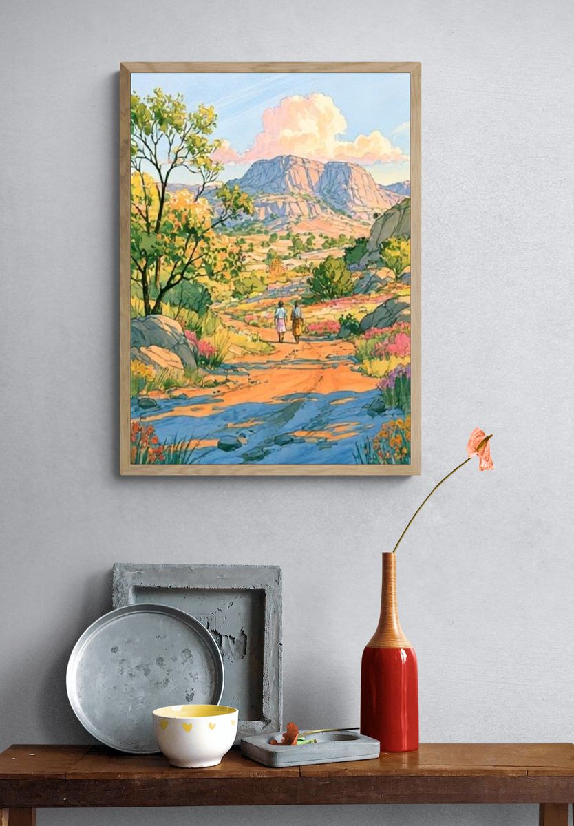 Sunlit Mountain Valley Illustration Poster. — room view 3