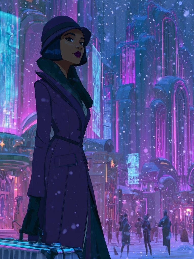 Neon Winter City Woman Illustration Poster. poster detail