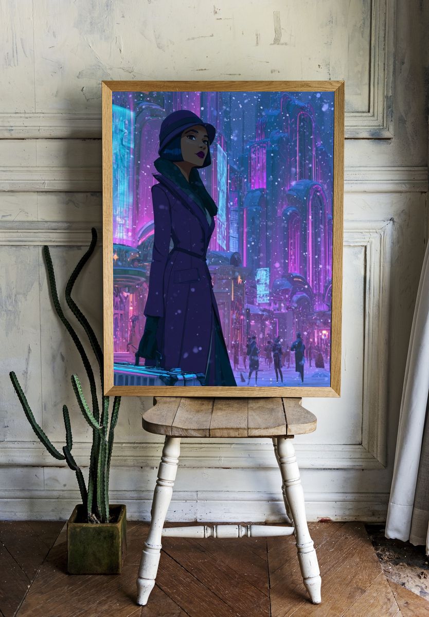 Neon Winter City Woman Illustration Poster. — room view 1
