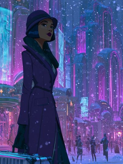 Neon Winter City Woman Illustration Poster. poster