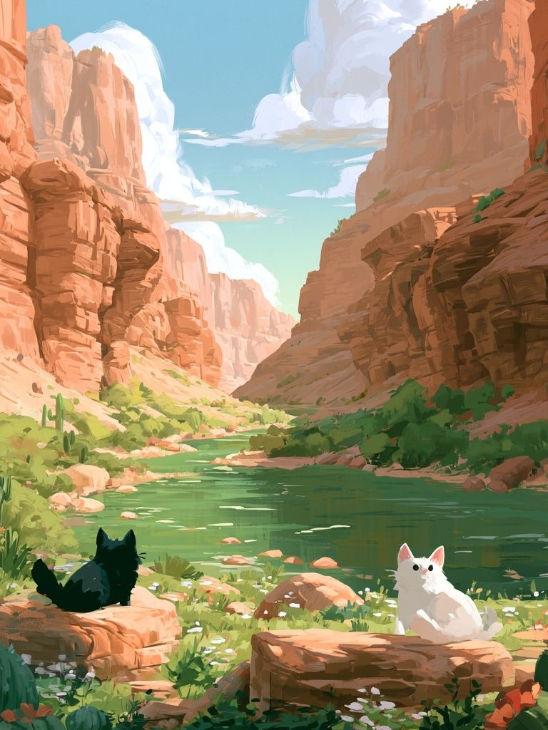 Cats in Desert Canyon Illustration Poster. poster — illustration art