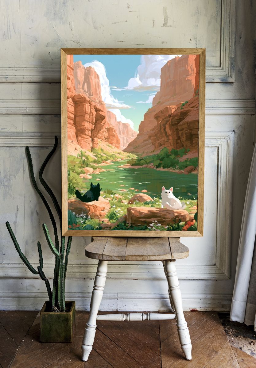 Cats in Desert Canyon Illustration Poster. room preview