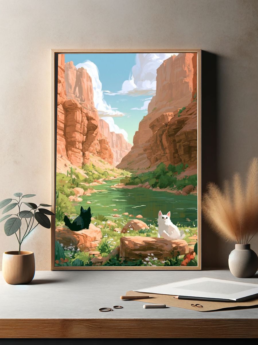 Cats in Desert Canyon Illustration Poster. — room view 2