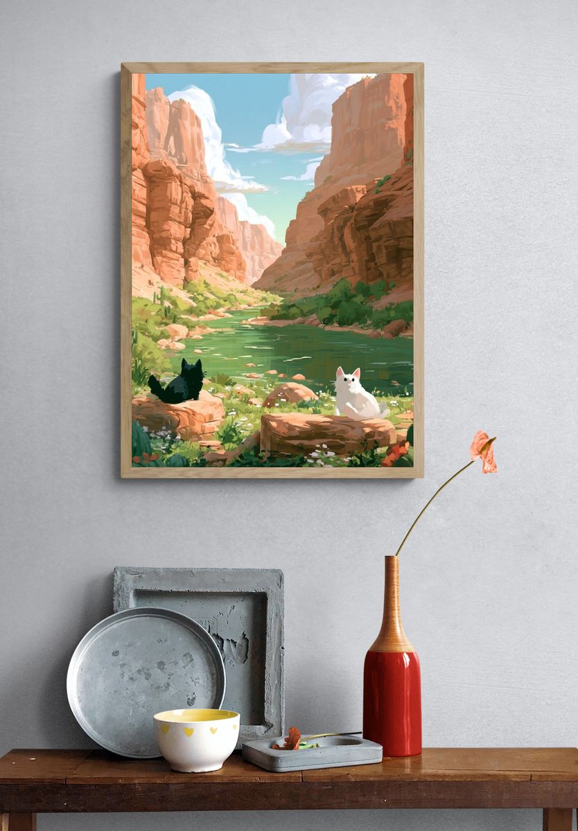 Cats in Desert Canyon Illustration Poster. — room view 3