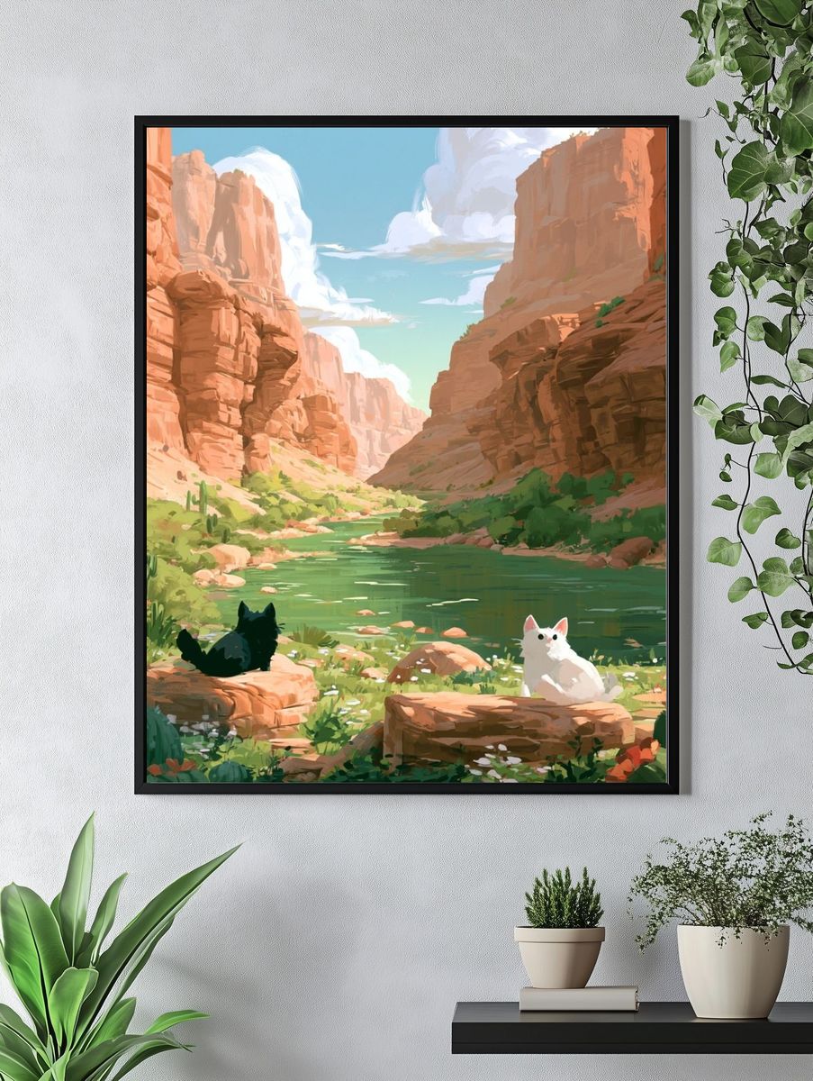 Cats in Desert Canyon Illustration Poster. — room view 4