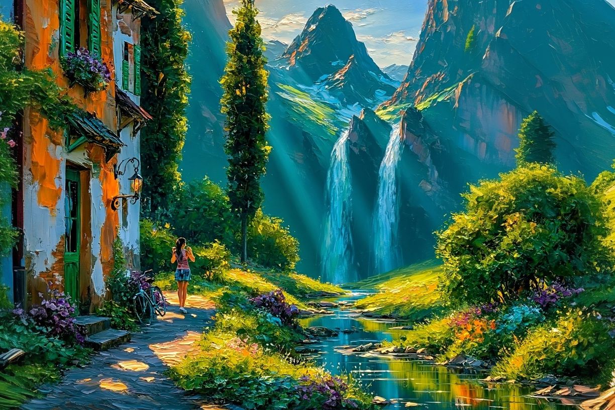 Mountain Village Waterfall Illustration Poster. poster — illustration art