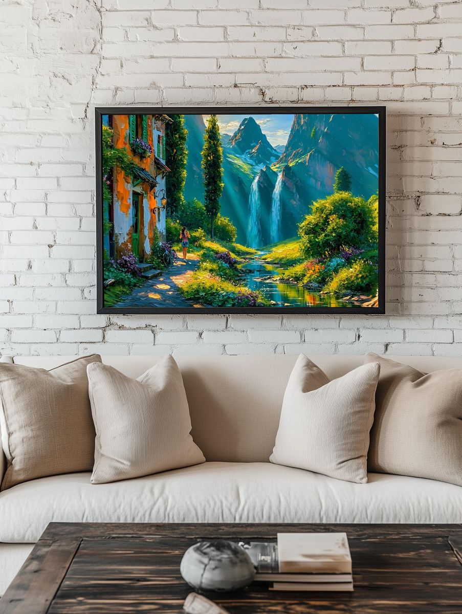Mountain Village Waterfall Illustration Poster. — room view 1