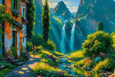 Mountain Village Waterfall Illustration Poster. poster
