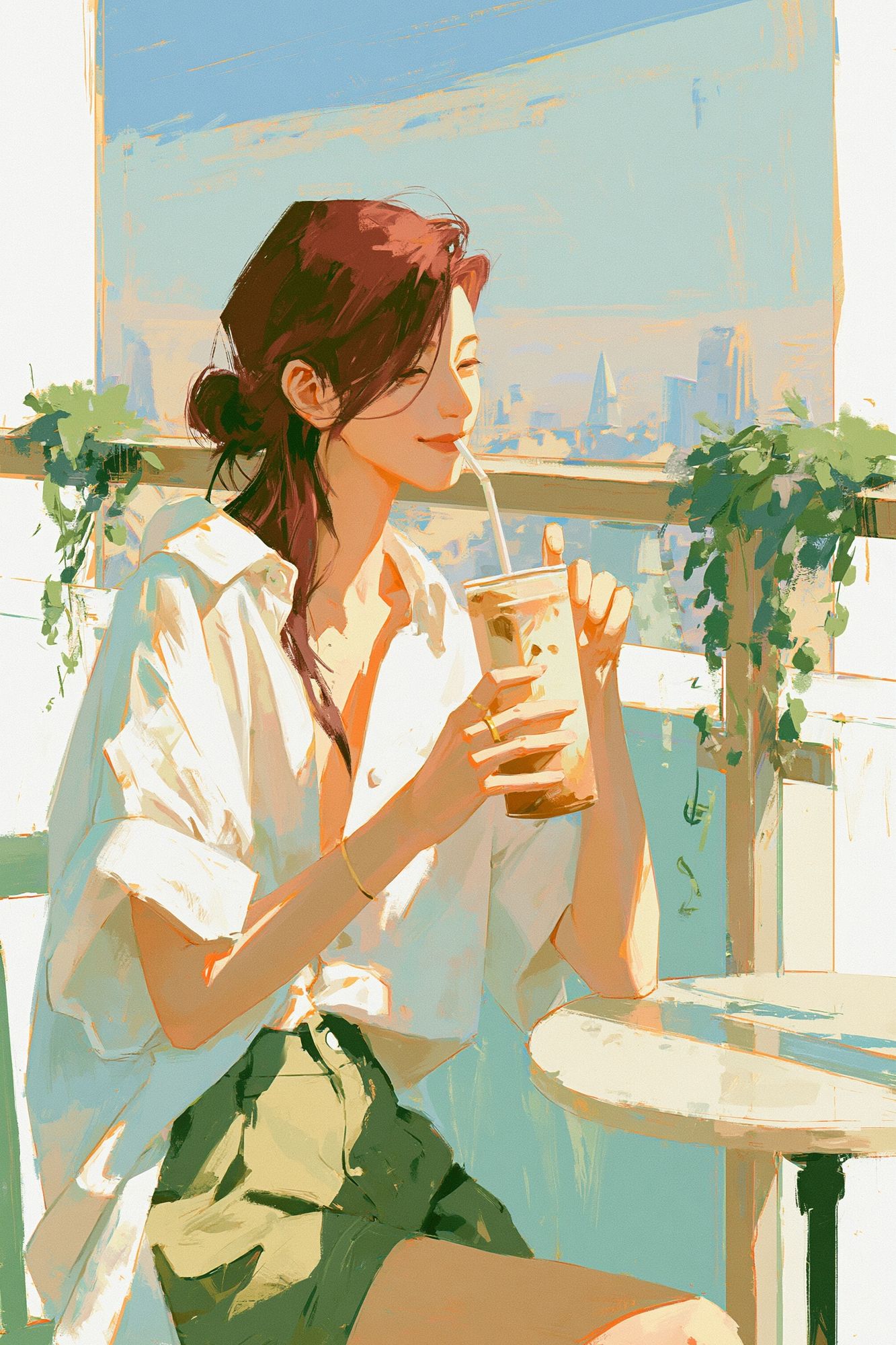 Sunlit Café Girl Illustration Print. poster — illustration art