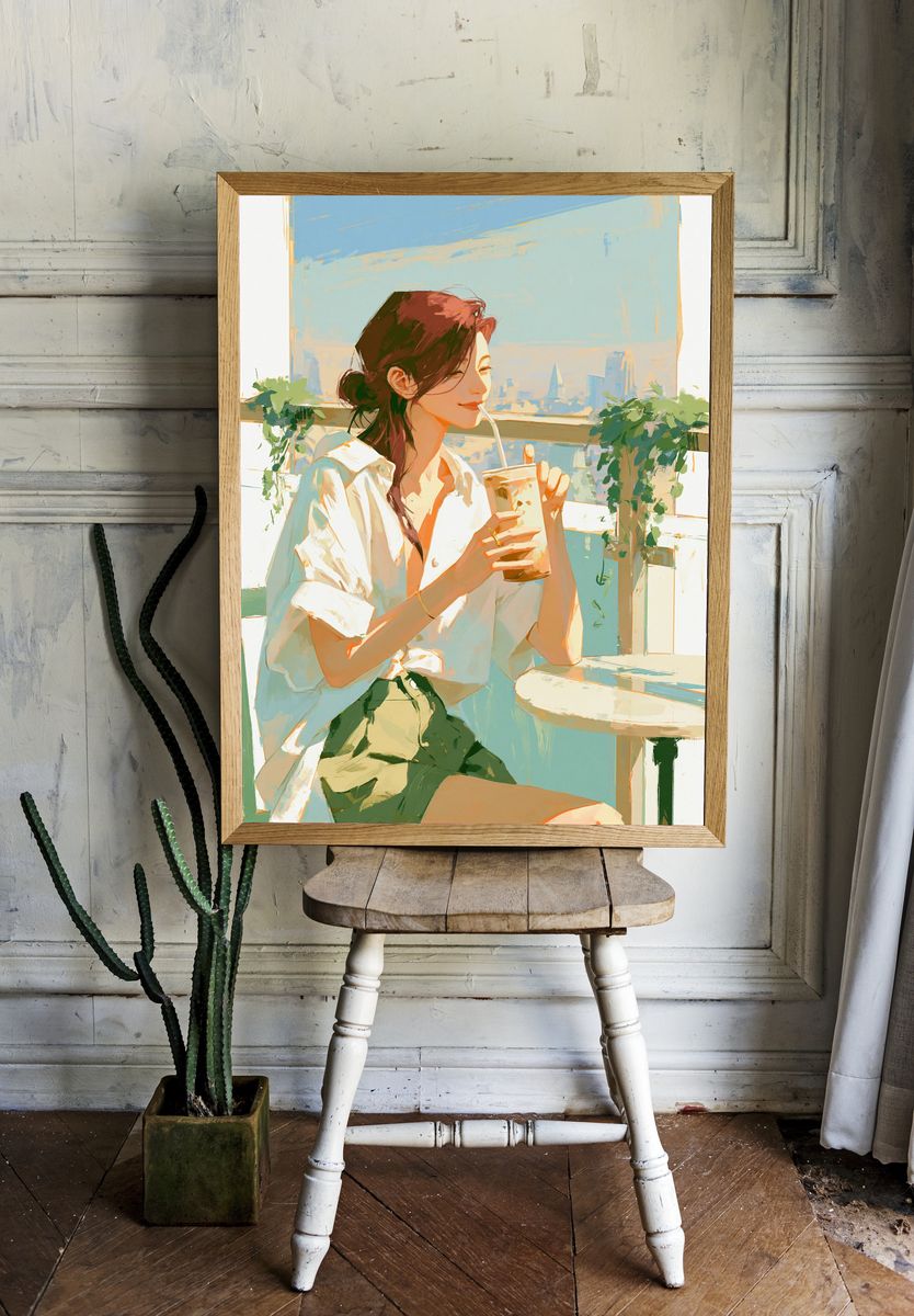 Sunlit Café Girl Illustration Print. — room view 1