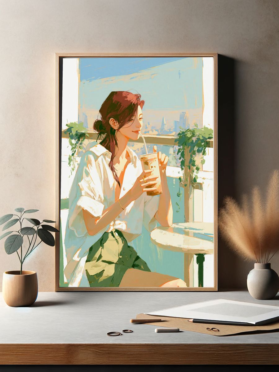 Sunlit Café Girl Illustration Print. — room view 2