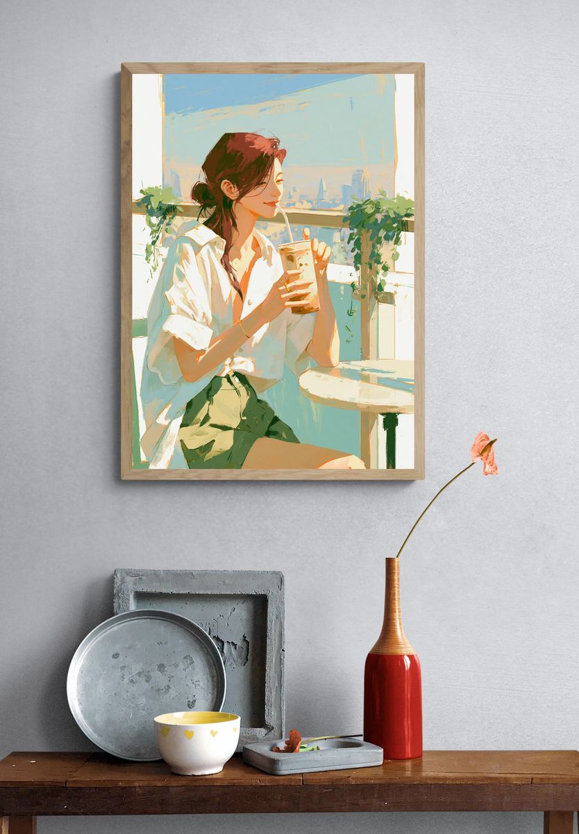 Sunlit Café Girl Illustration Print. — room view 3
