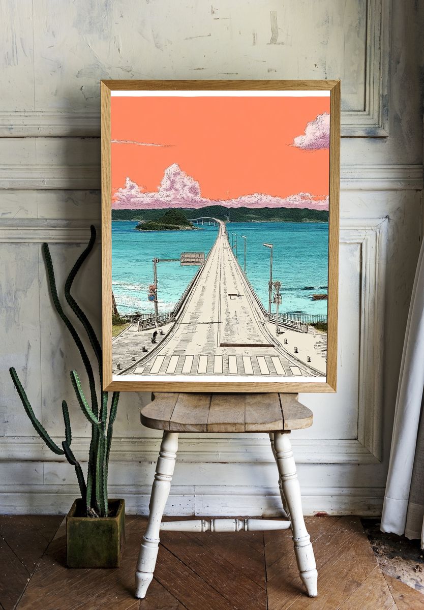 Ocean Bridge Sunset Illustration Poster. — room view 1