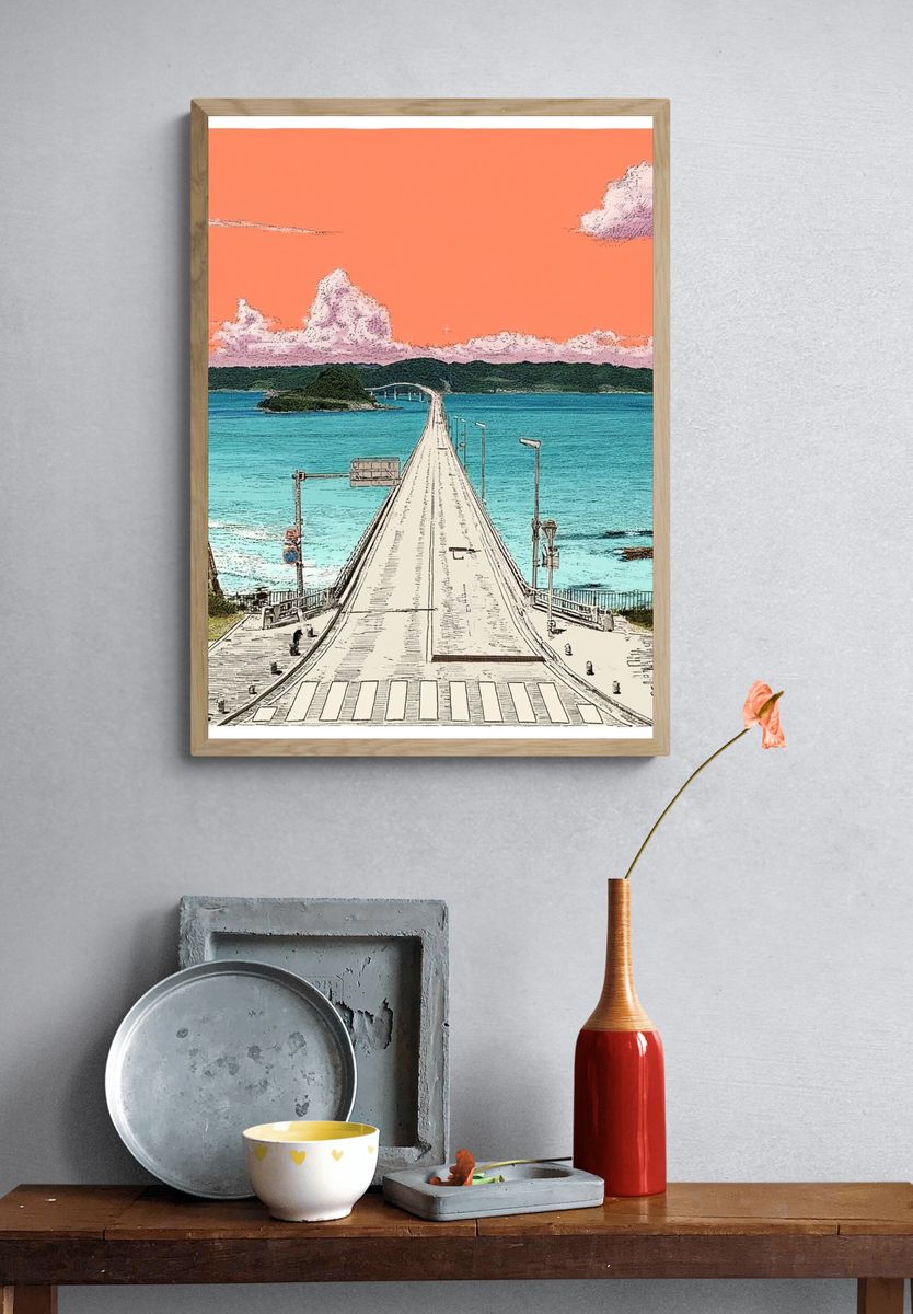 Ocean Bridge Sunset Illustration Poster. — room view 3