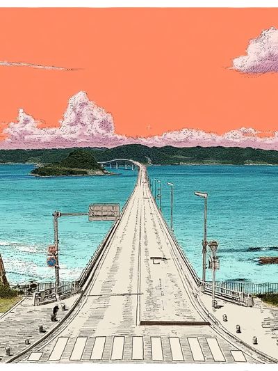 Ocean Bridge Sunset Illustration Poster. poster print