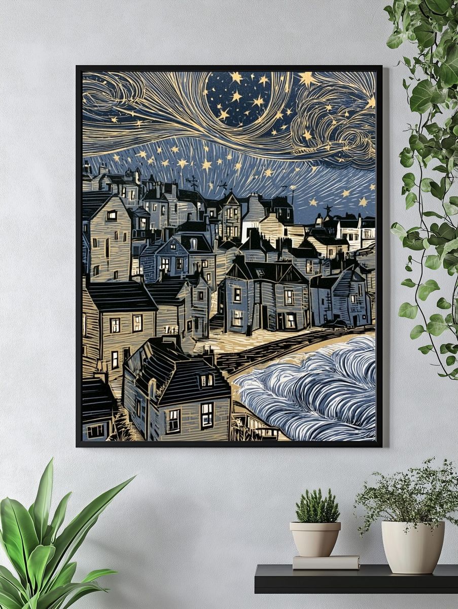 Starry Coastal Village Illustration Poster. — room view 4