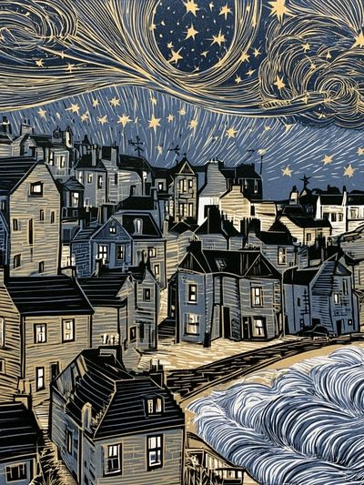Starry Coastal Village Illustration Poster. poster