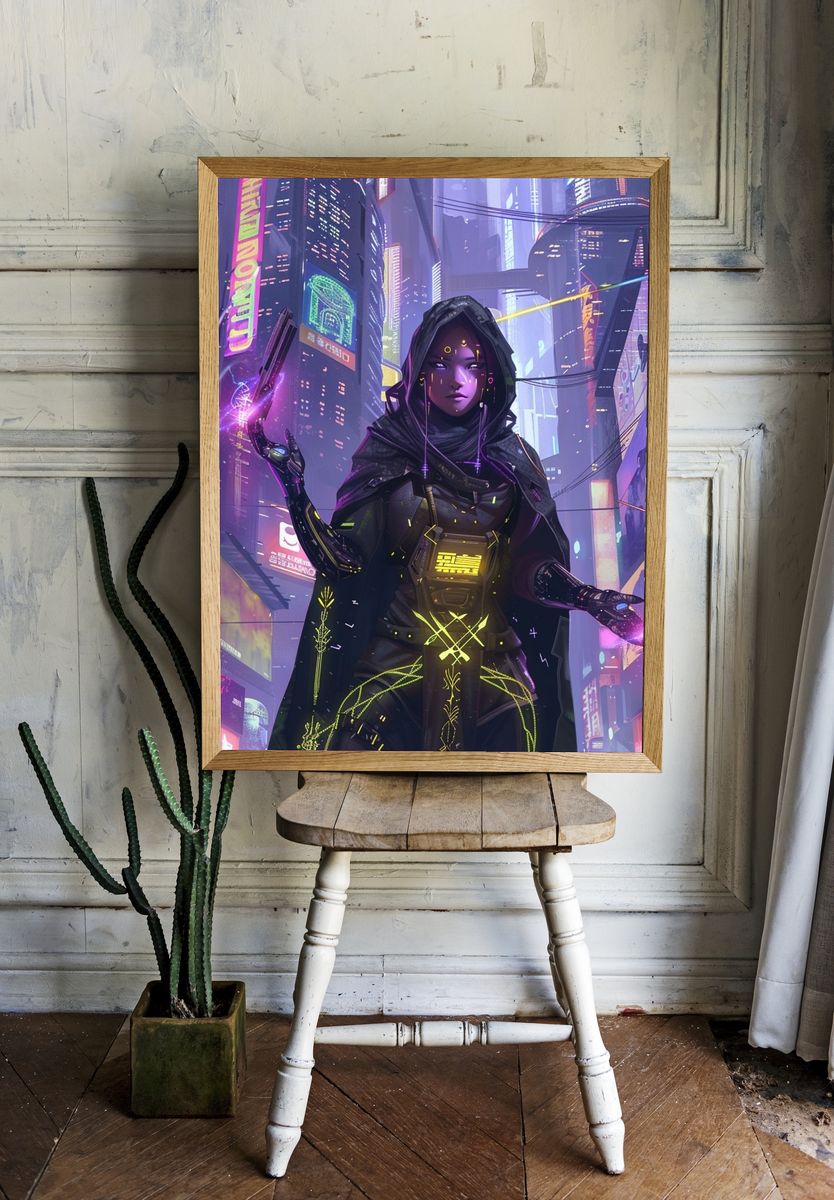 Cyberpunk Hooded Sorceress Poster. room preview