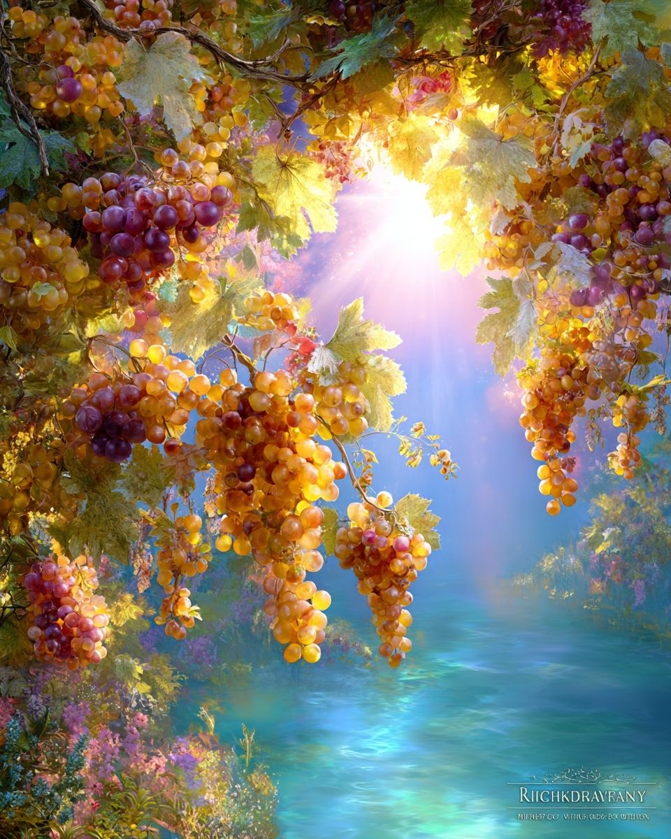 Sunlit Grape Vineyard Fantasy Print. poster detail