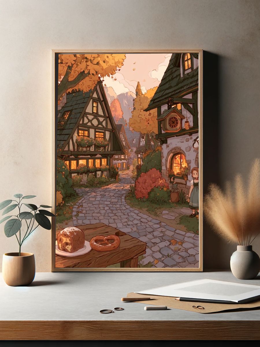 Cozy Village Bakery Illustration Poster. — room view 2