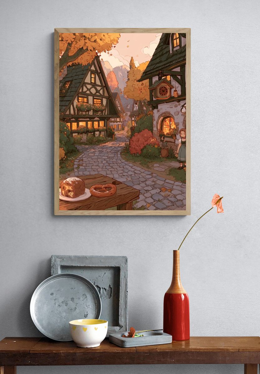 Cozy Village Bakery Illustration Poster. — room view 3