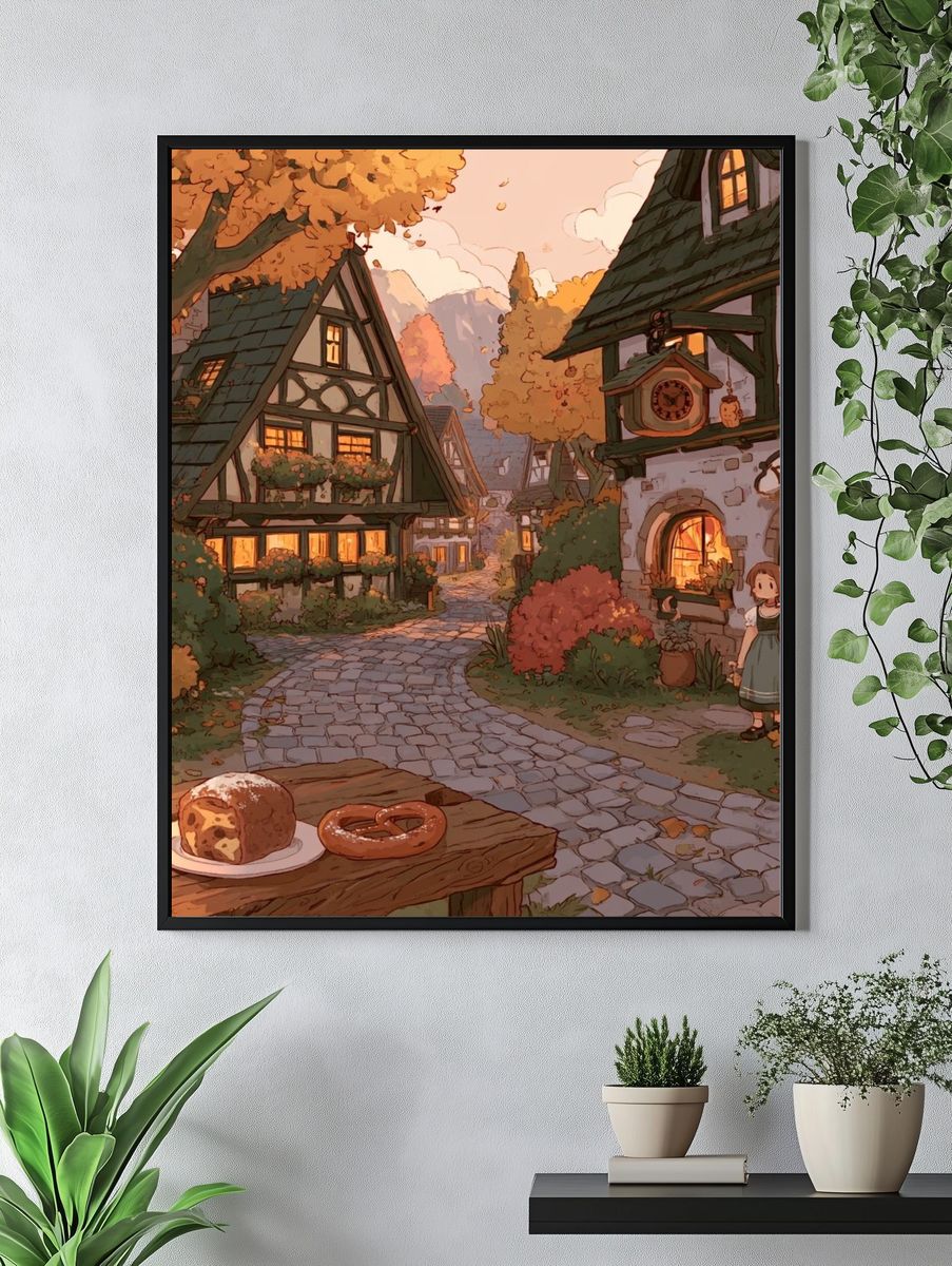 Cozy Village Bakery Illustration Poster. — room view 4
