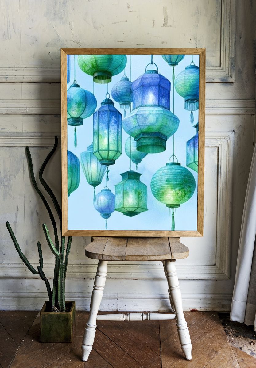 Hanging Lanterns Watercolor Print. room preview