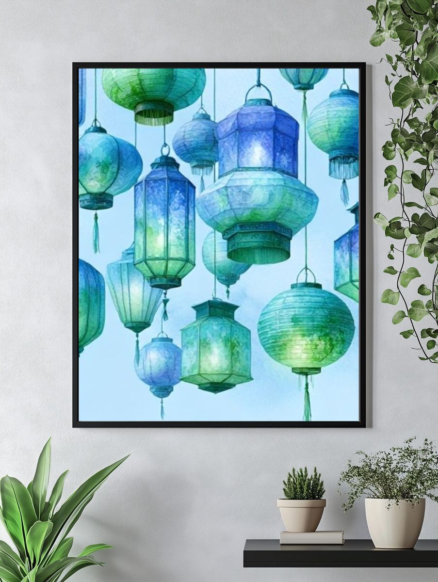 Hanging Lanterns Watercolor Print. — room view 4