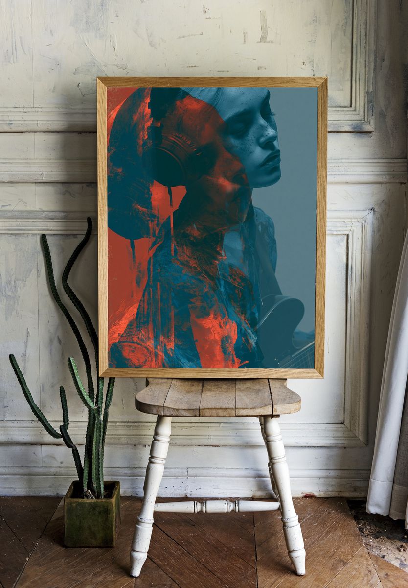 Headphones Portrait Digital Art Poster. — room view 1