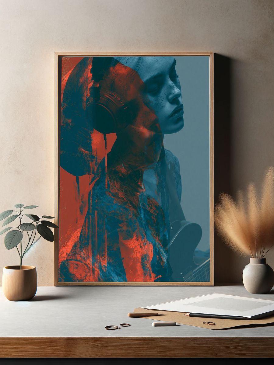 Headphones Portrait Digital Art Poster. — room view 2