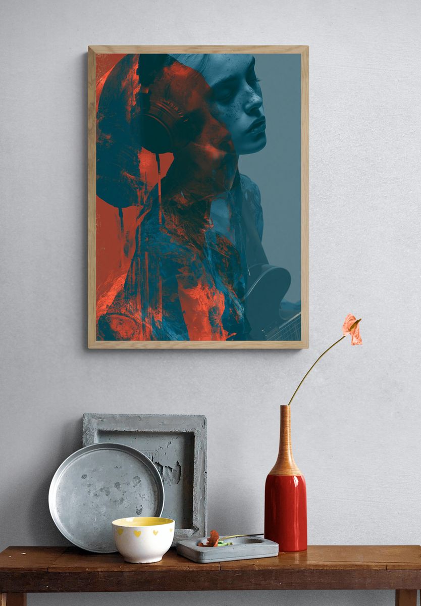 Headphones Portrait Digital Art Poster. — room view 3