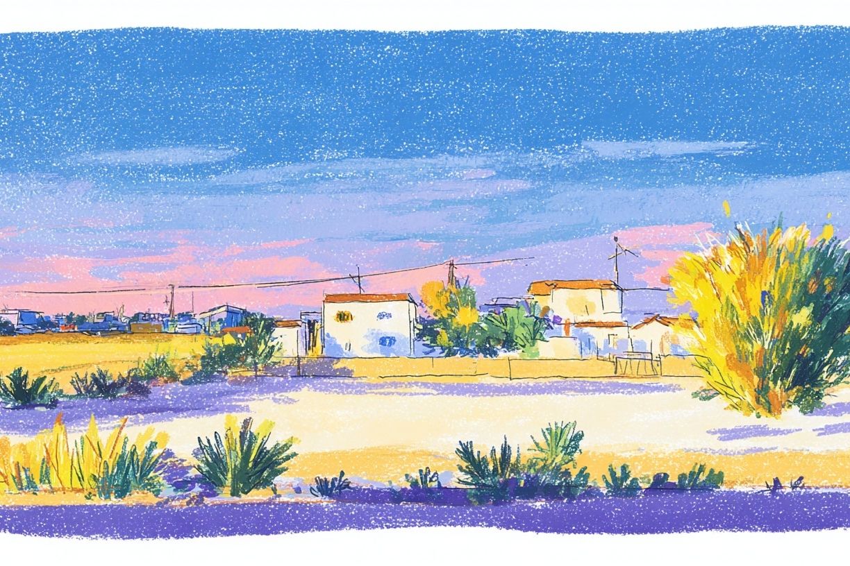 Desert Village Sunset Watercolor Print. poster detail