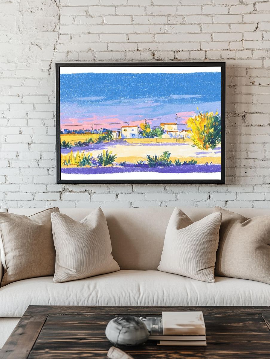 Desert Village Sunset Watercolor Print room preview