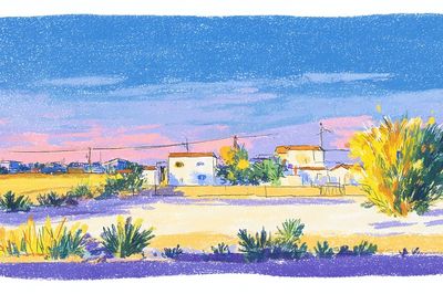 Desert Village Sunset Watercolor Print. poster