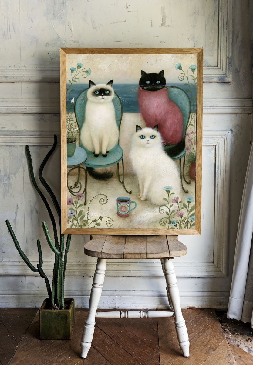 Three Cats Floral Illustration Poster. — room view 1