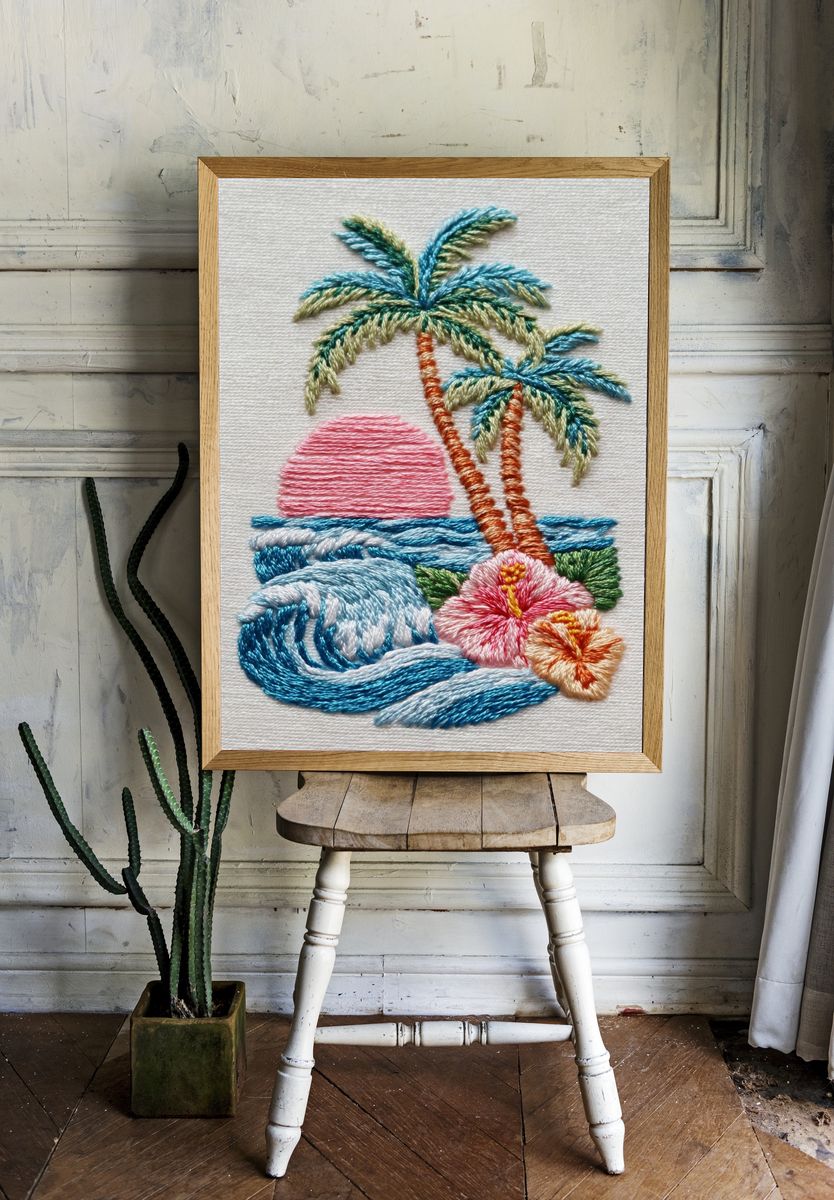 Tropical Embroidery Sunset Poster. room preview