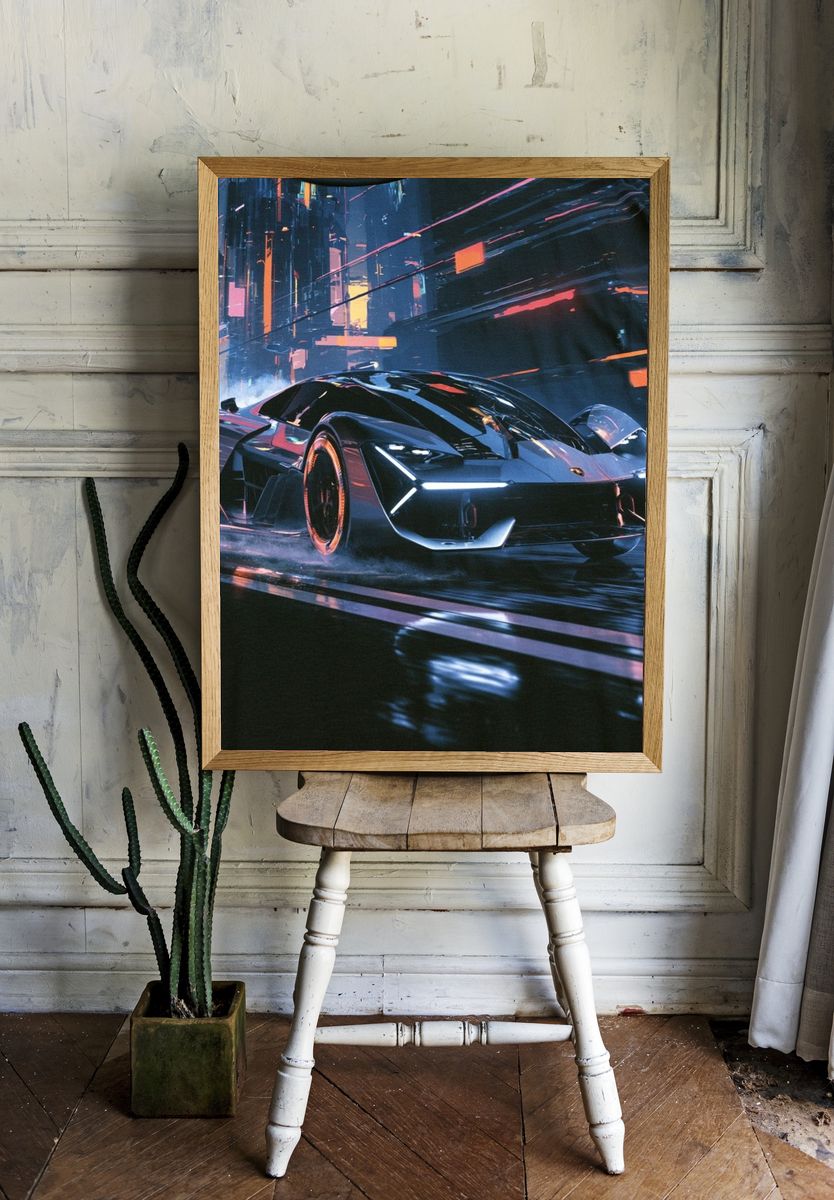 Neon Cyberpunk Supercar Poster. — room view 1