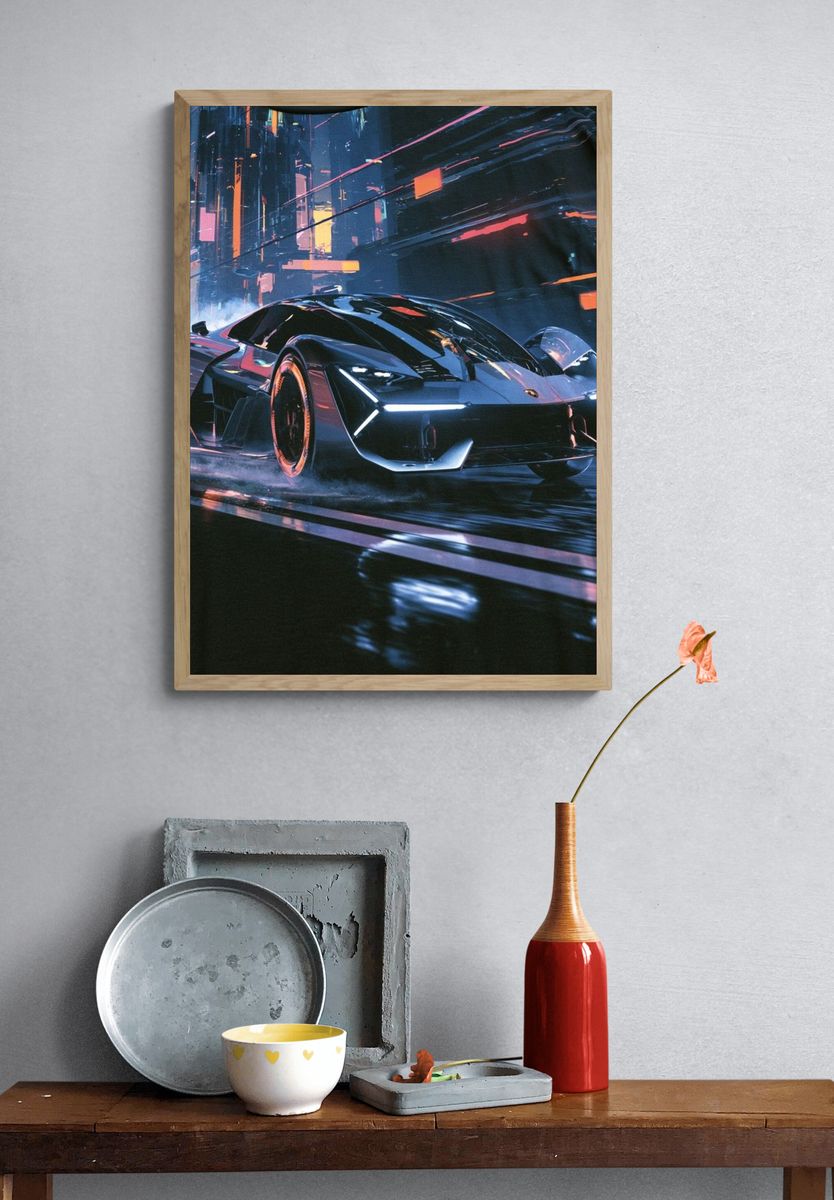 Neon Cyberpunk Supercar Poster. — room view 3