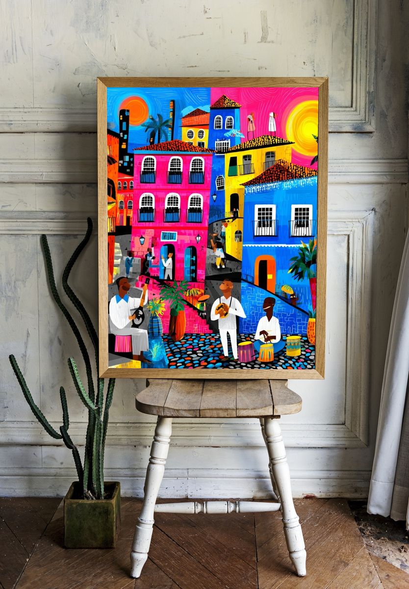 Colorful Caribbean Village Illustration Poster. — room view 1