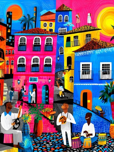 Colorful Caribbean Village Illustration Poster. poster print