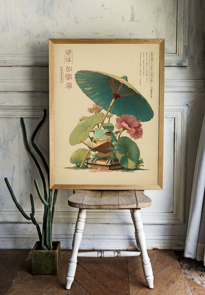 Reading Frog Japanese Illustration Poster. — room view 1