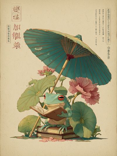 Reading Frog Japanese Illustration Poster. poster print