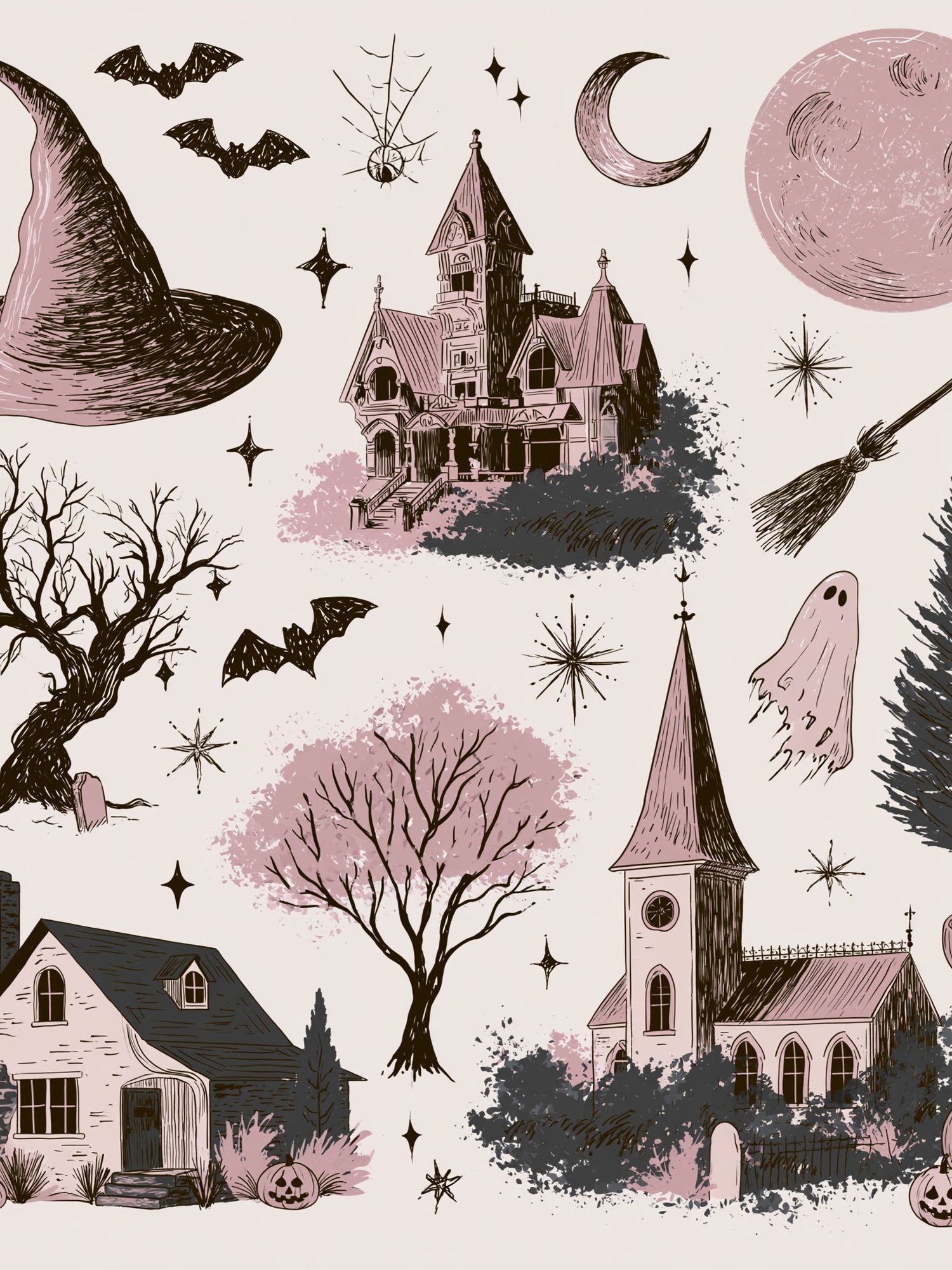 Spooky Halloween Cottage Illustration Poster. poster detail
