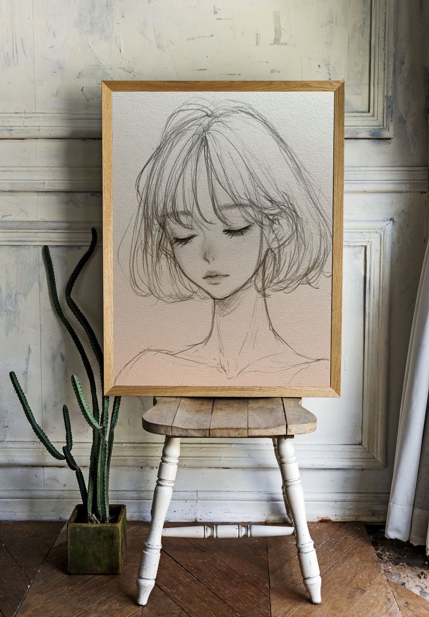 Serene Girl Sketch Poster. — room view 1
