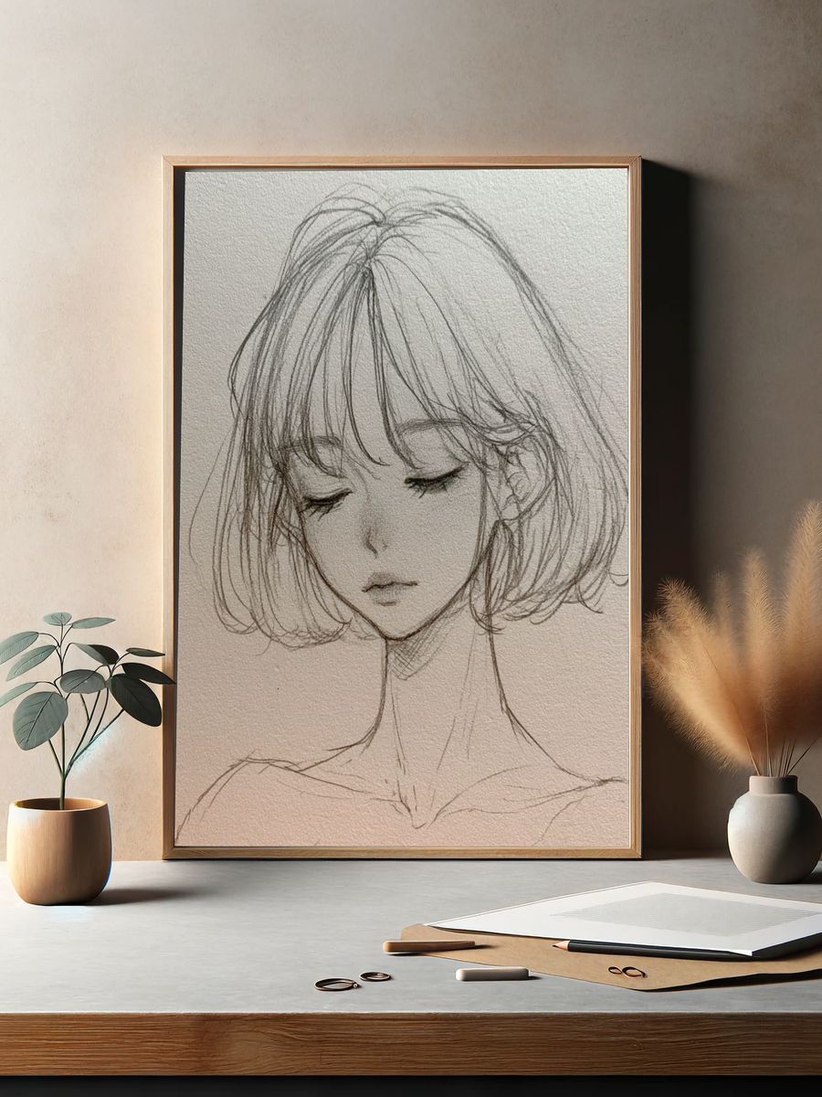 Serene Girl Sketch Poster. — room view 2